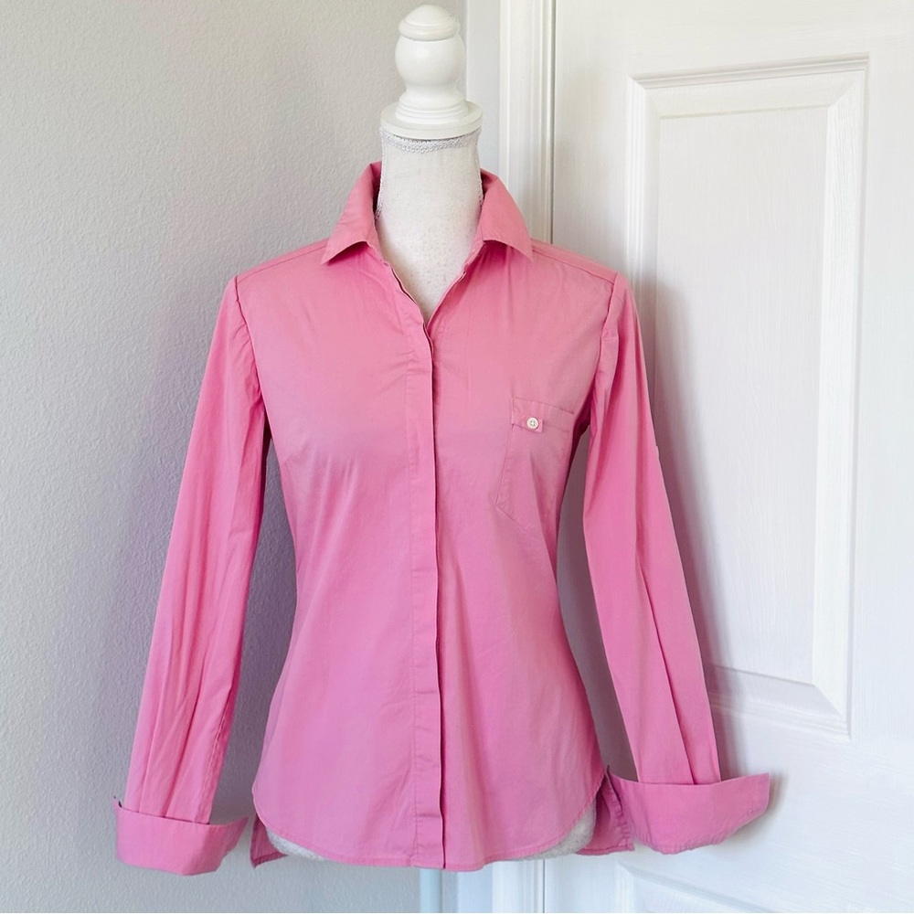Halston Heritage Button Down Pink Shirt Cotton 2 way Sleeve Size 2 Collared Neck